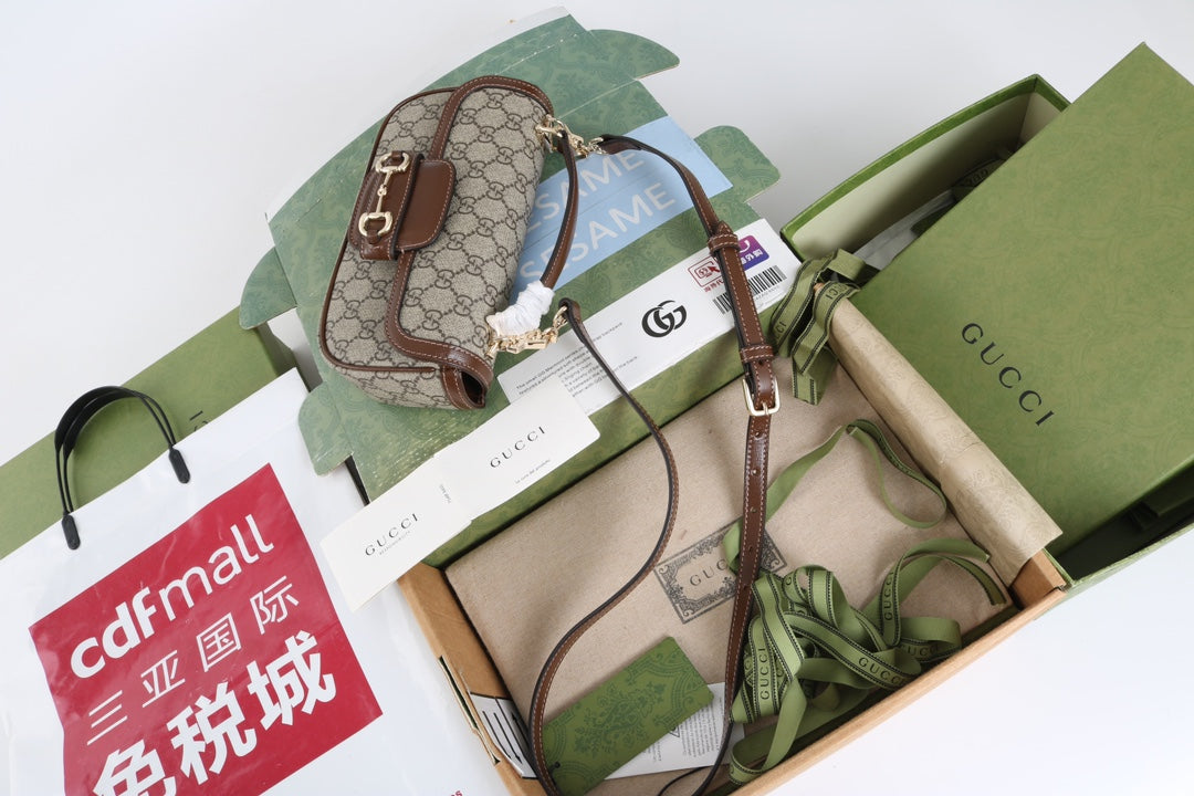 Gucci GG 1955 Horsebit Canvas Shoulder Bag Brown