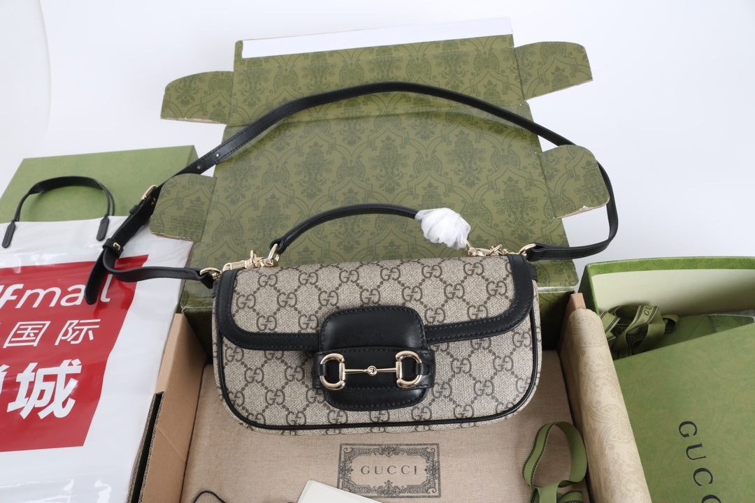 Gucci GG 1955 Horsebit Canvas Shoulder Bag Black