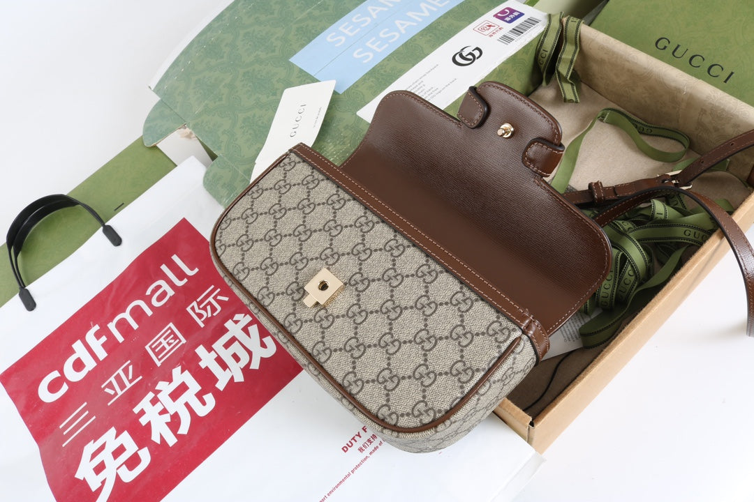 Gucci GG 1955 Horsebit Canvas Shoulder Bag Brown