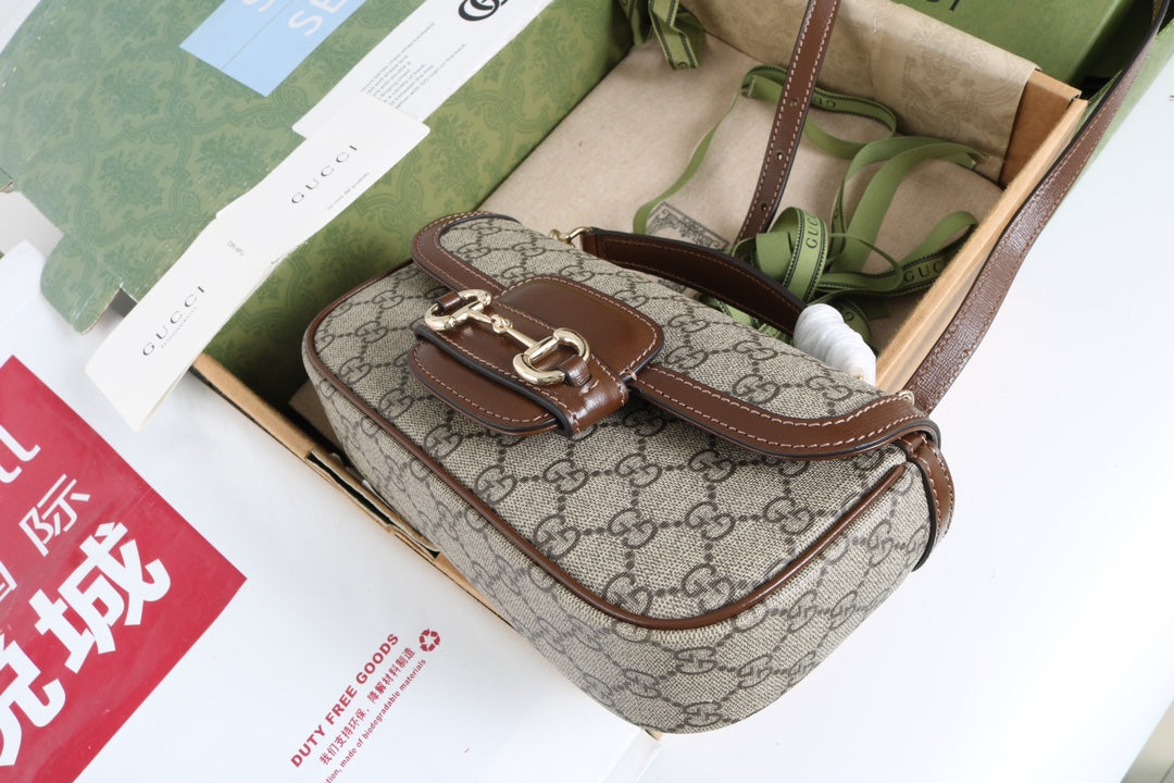 Gucci GG 1955 Horsebit Canvas Shoulder Bag Brown