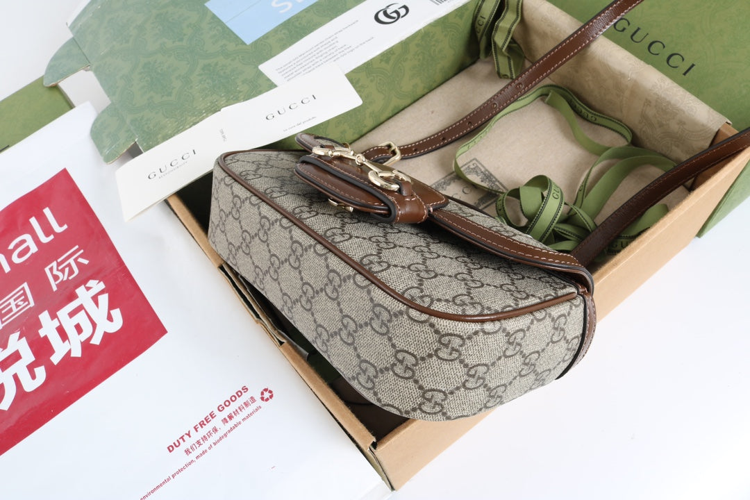 Gucci GG 1955 Horsebit Canvas Shoulder Bag Brown