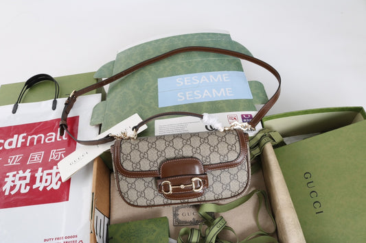Gucci GG 1955 Horsebit Canvas Shoulder Bag Brown