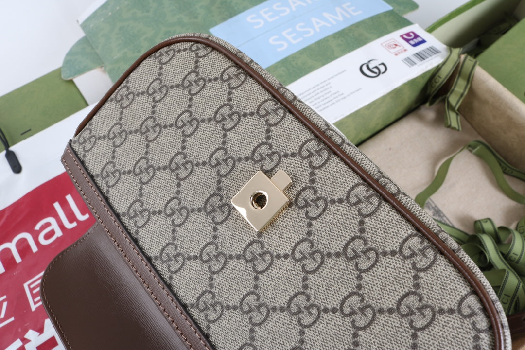 Gucci GG 1955 Horsebit Canvas Shoulder Bag Brown