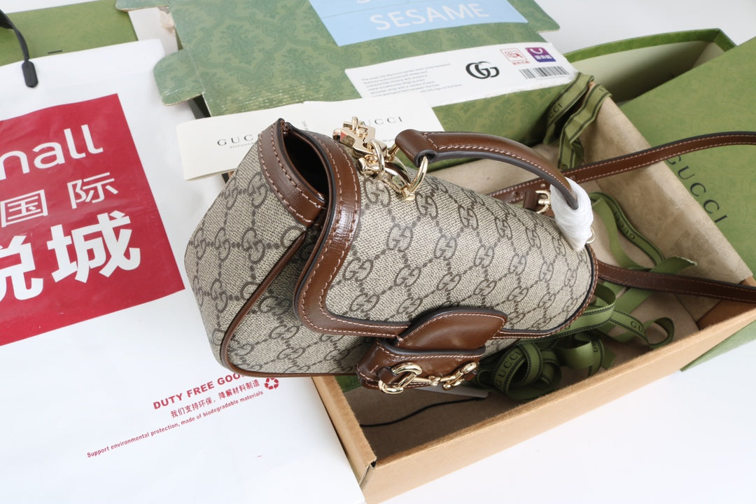 Gucci GG 1955 Horsebit Canvas Shoulder Bag Brown