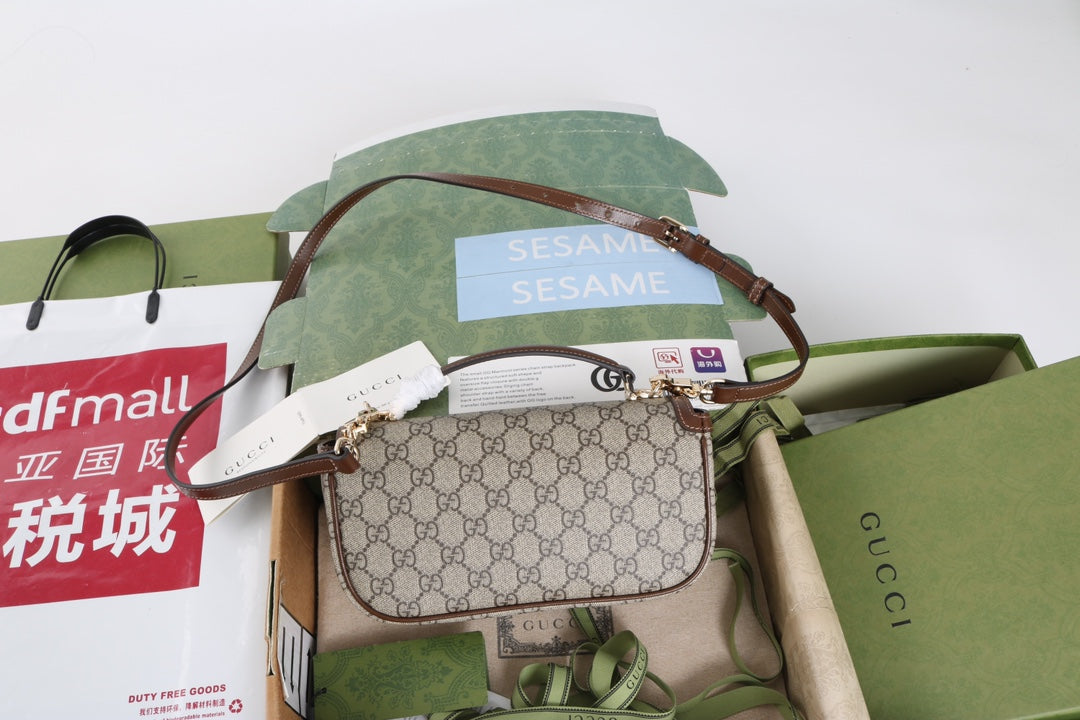 Gucci GG 1955 Horsebit Canvas Shoulder Bag Brown