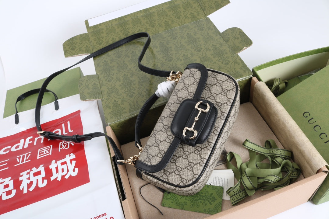 Gucci GG 1955 Horsebit Canvas Shoulder Bag Black