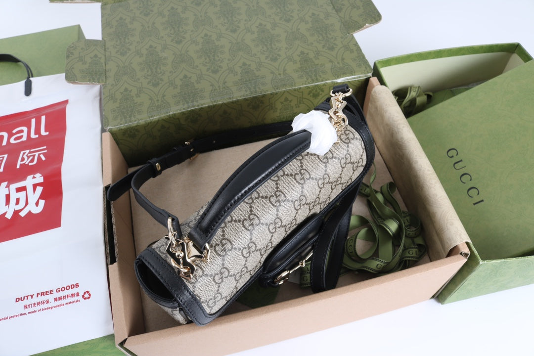 Gucci GG 1955 Horsebit Canvas Shoulder Bag Black