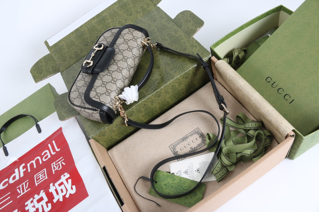 Gucci GG 1955 Horsebit Canvas Shoulder Bag Black