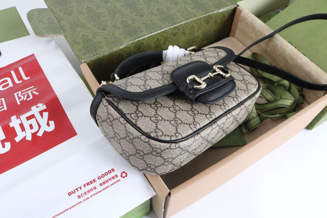 Gucci GG 1955 Horsebit Canvas Shoulder Bag Black