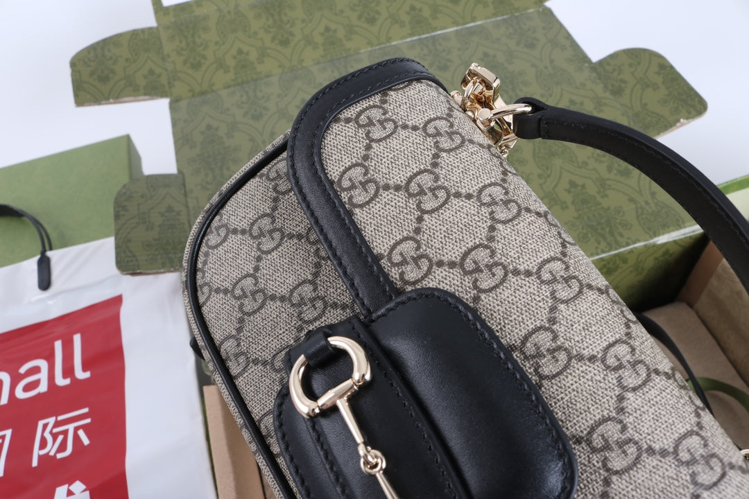 Gucci GG 1955 Horsebit Canvas Shoulder Bag Black