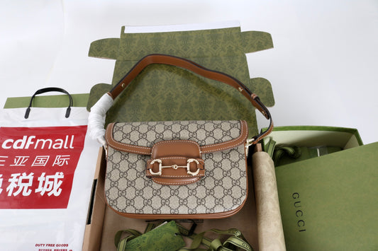 Gucci GG 1955 Horsebit Canvas Shoulder Bag Brown